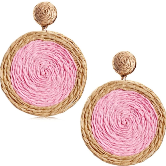 Pastel Pink Round Rattan Oversized Statement Earrings Wicker Large Dangle New - Picture 2 of 5